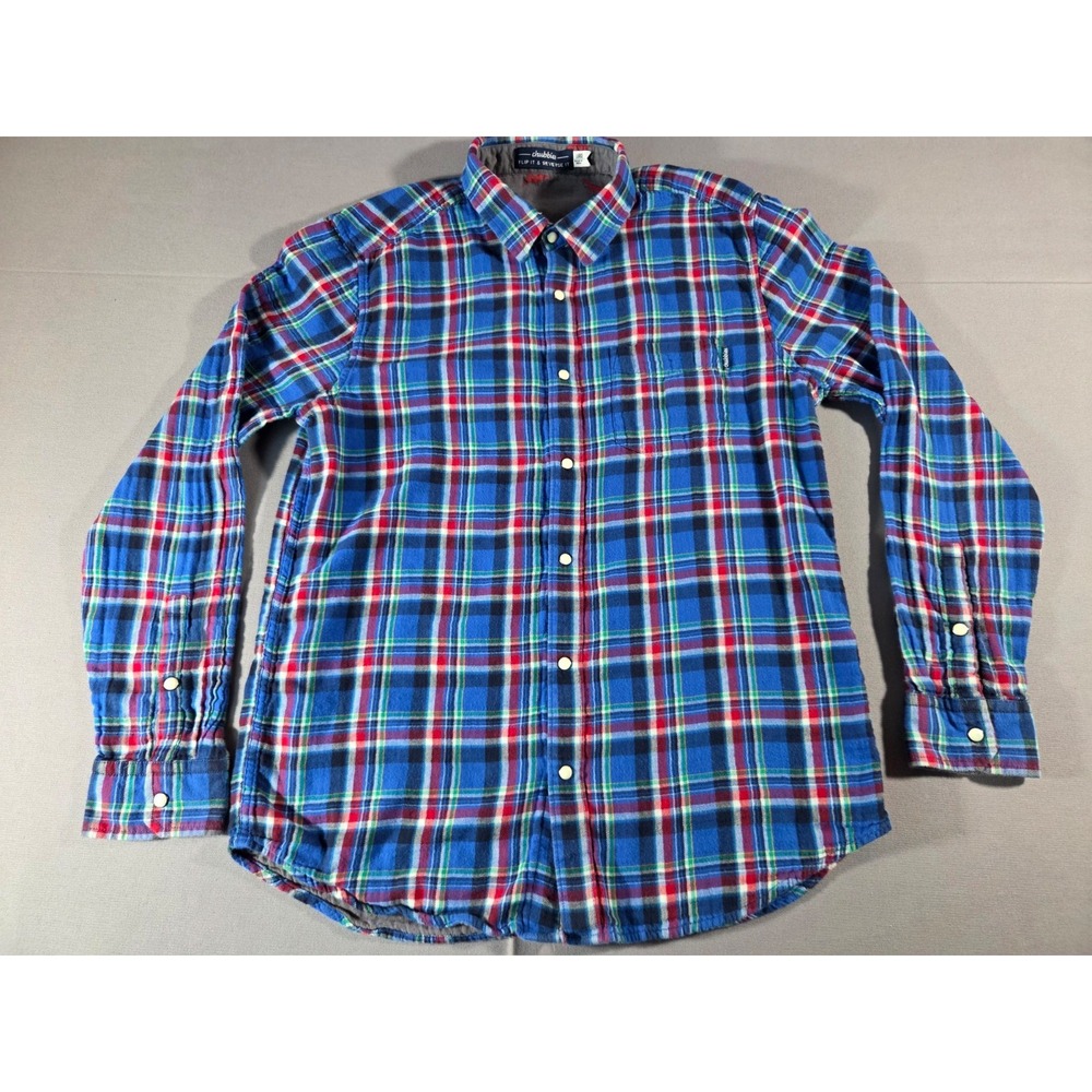 Chubbies Shirt Mens Large Blue Gray Dinosaur Reversible Sear Sucker Pearl Snap